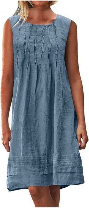 JOAU Cotton Linen Tank Dress for Women Pleated Summer Crewneck Sleeveless Sundress Beach Vacation Casual Knee Length Dresses