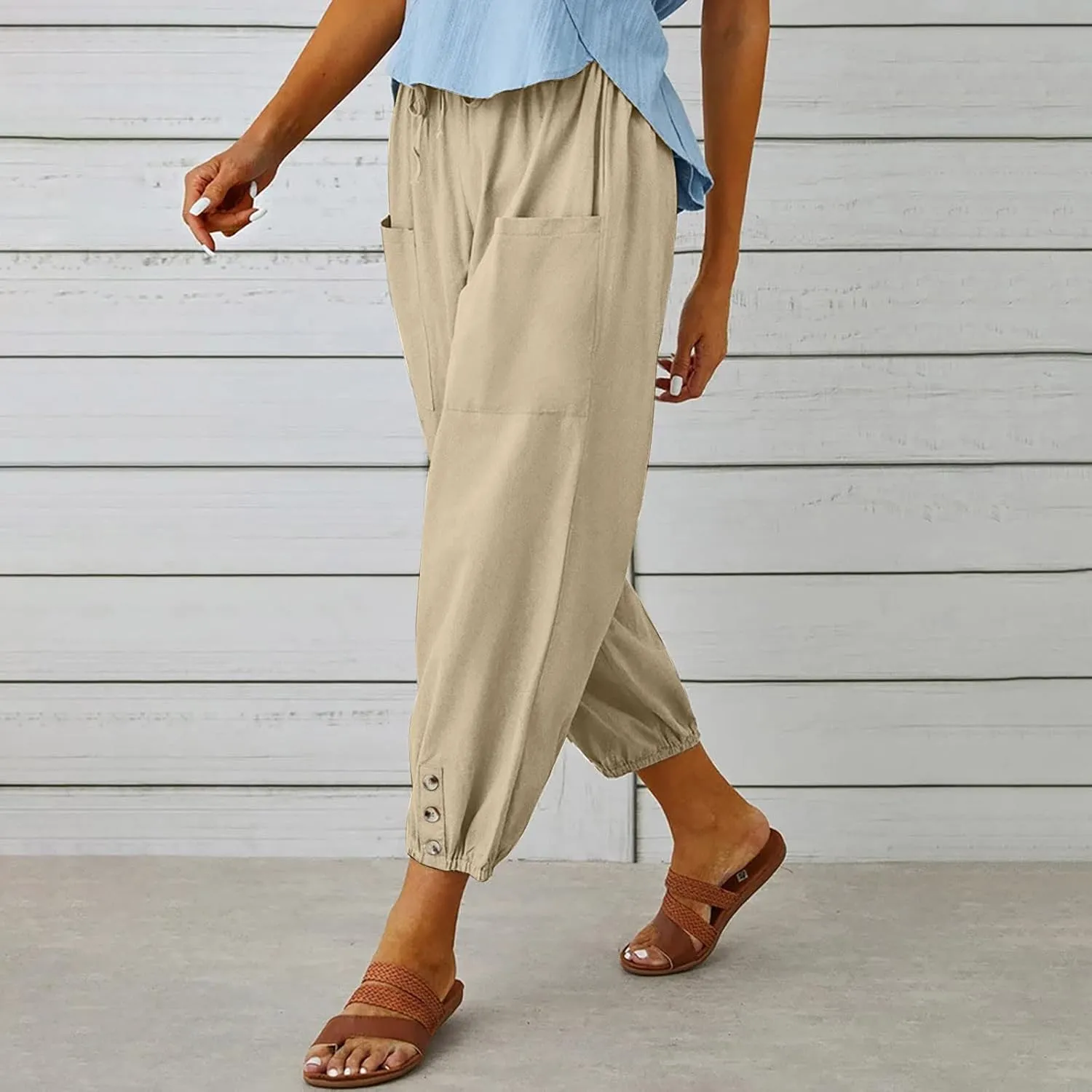 jsaierl Women Cotton Linen Pants High Waisted Drawstring Button Down Wide Leg Pants Casual Summer Trousers with Front Pockets