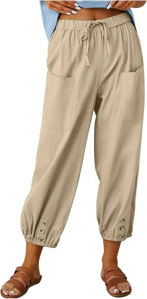jsaierl Women Cotton Linen Pants High Waisted Drawstring Button Down Wide Leg Pants Casual Summer Trousers with Front Pockets
