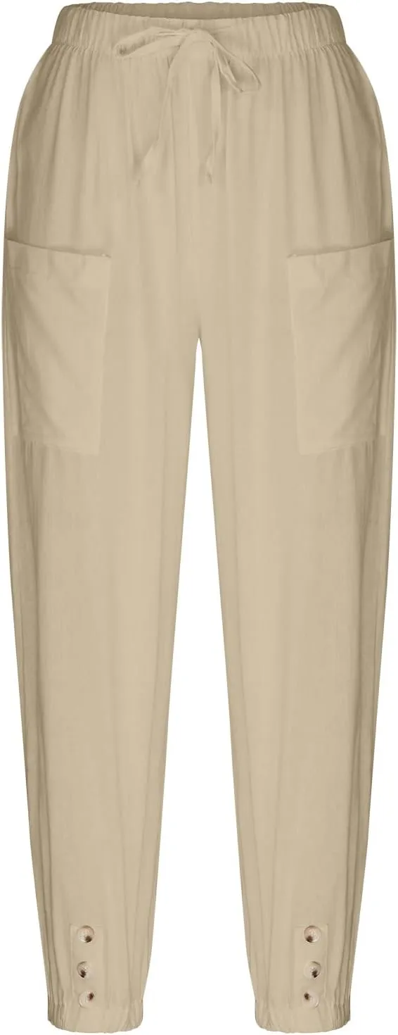jsaierl Women Cotton Linen Pants High Waisted Drawstring Button Down Wide Leg Pants Casual Summer Trousers with Front Pockets
