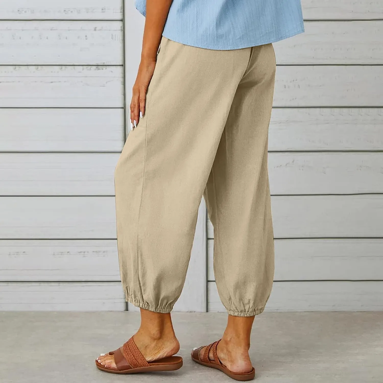 jsaierl Women Cotton Linen Pants High Waisted Drawstring Button Down Wide Leg Pants Casual Summer Trousers with Front Pockets