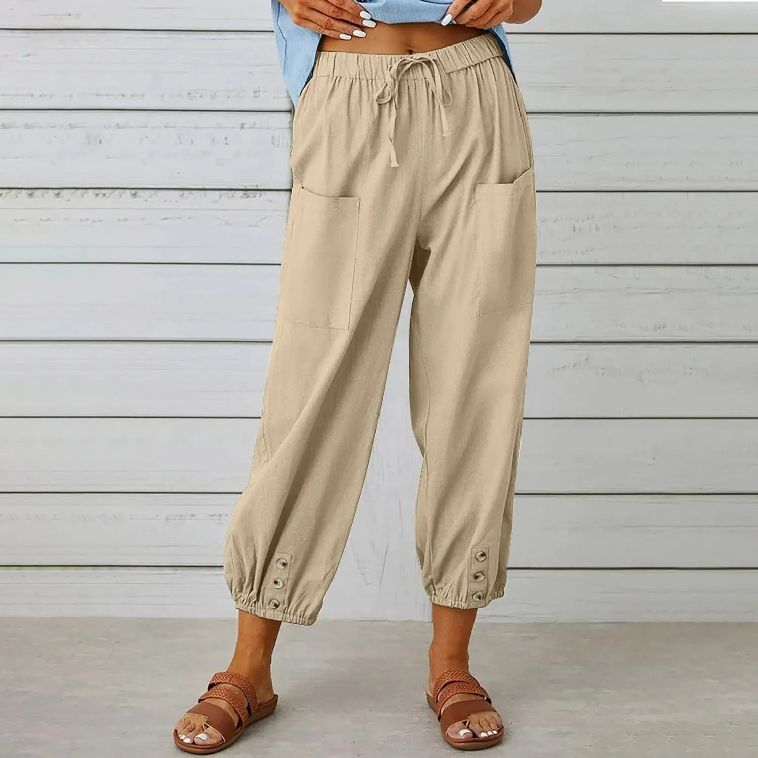 jsaierl Women Cotton Linen Pants High Waisted Drawstring Button Down Wide Leg Pants Casual Summer Trousers with Front Pockets
