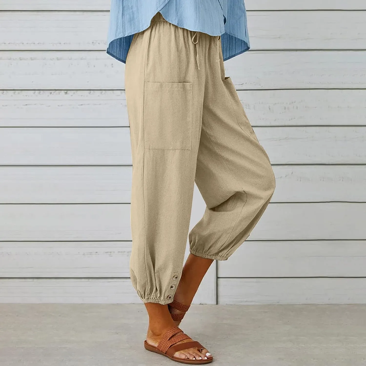 jsaierl Women Cotton Linen Pants High Waisted Drawstring Button Down Wide Leg Pants Casual Summer Trousers with Front Pockets