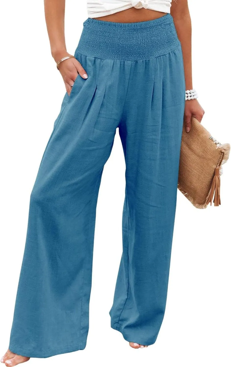 Kubbon Cotton Linen Pants for Women High Waist Smocked Palazzo Pants Casual Wide Leg Lounge Pant Beach Travel Trousers
