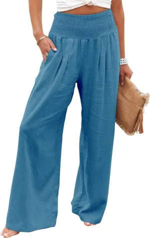 Kubbon Cotton Linen Pants for Women High Waist Smocked Palazzo Pants Casual Wide Leg Lounge Pant Beach Travel Trousers