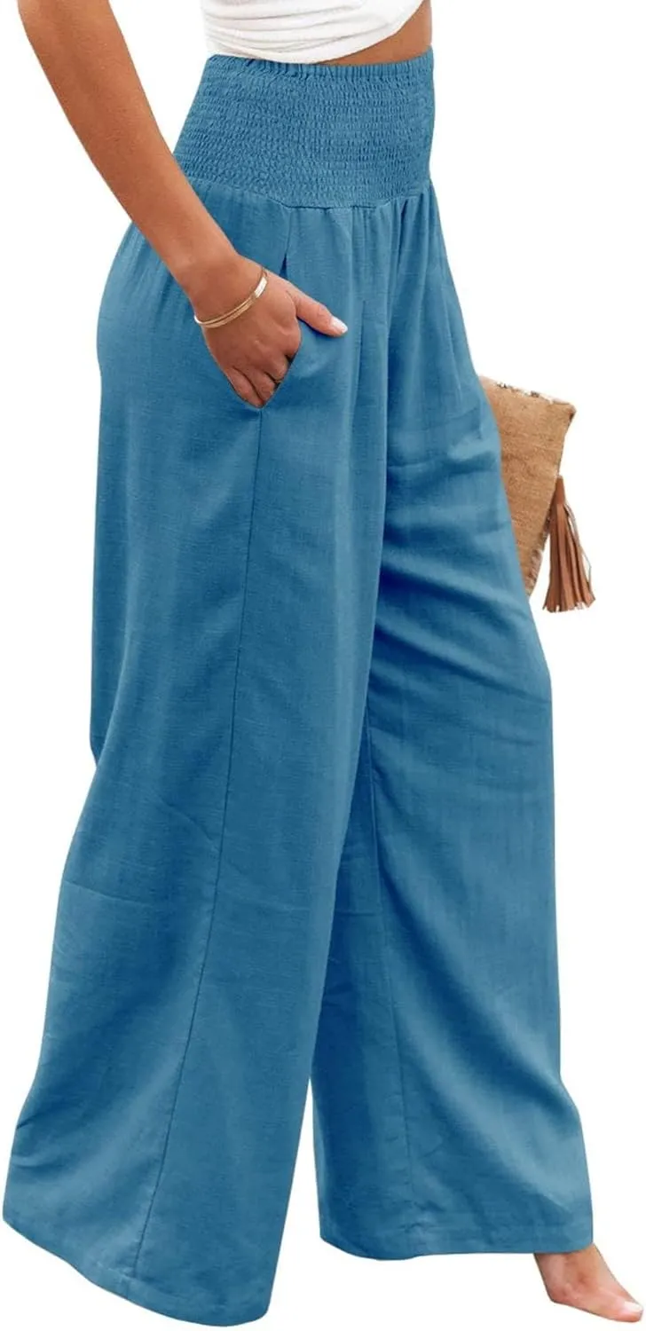 Kubbon Cotton Linen Pants for Women High Waist Smocked Palazzo Pants Casual Wide Leg Lounge Pant Beach Travel Trousers