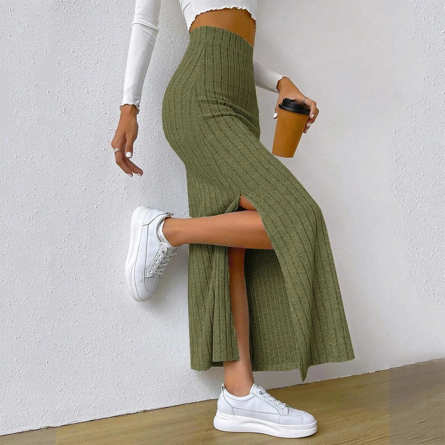 Lace Bed Skirt European and Border Spring and Summer Waisted Side Slit Slim Knitted Skirt Women's Hakama A Line