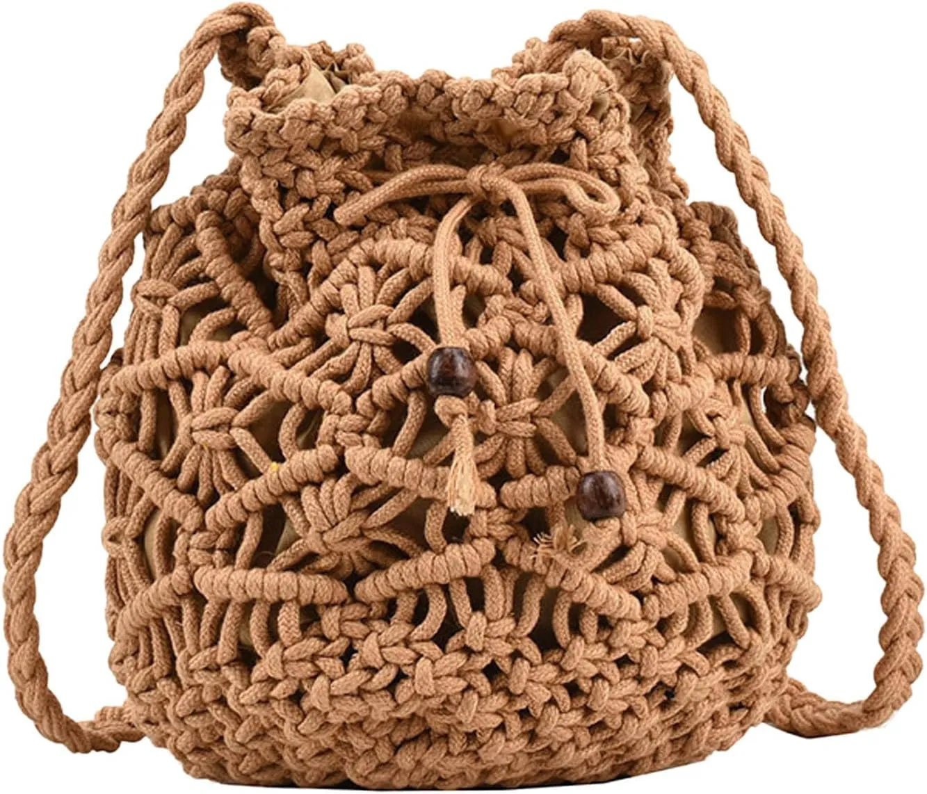 Ladies Crossbody Bag Literary Single Shoulder Vintage Cotton Woven Drawstring Fresh Beach Bags Satchel (Khaki, One Size)