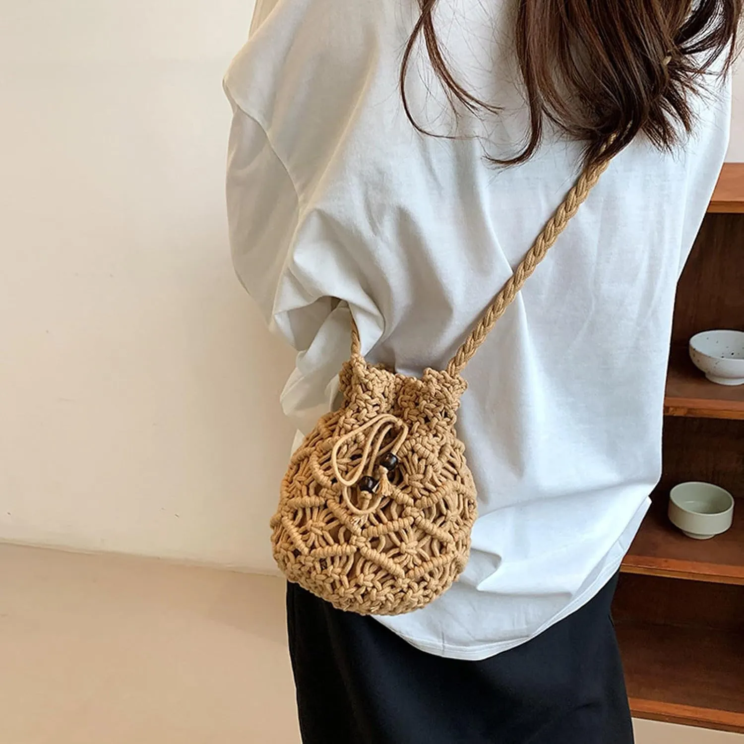 Ladies Crossbody Bag Literary Single Shoulder Vintage Cotton Woven Drawstring Fresh Beach Bags Satchel (Khaki, One Size)