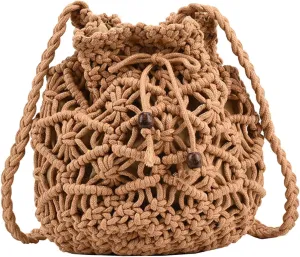 Ladies Crossbody Bag Literary Single Shoulder Vintage Cotton Woven Drawstring Fresh Beach Bags Satchel (Khaki, One Size)
