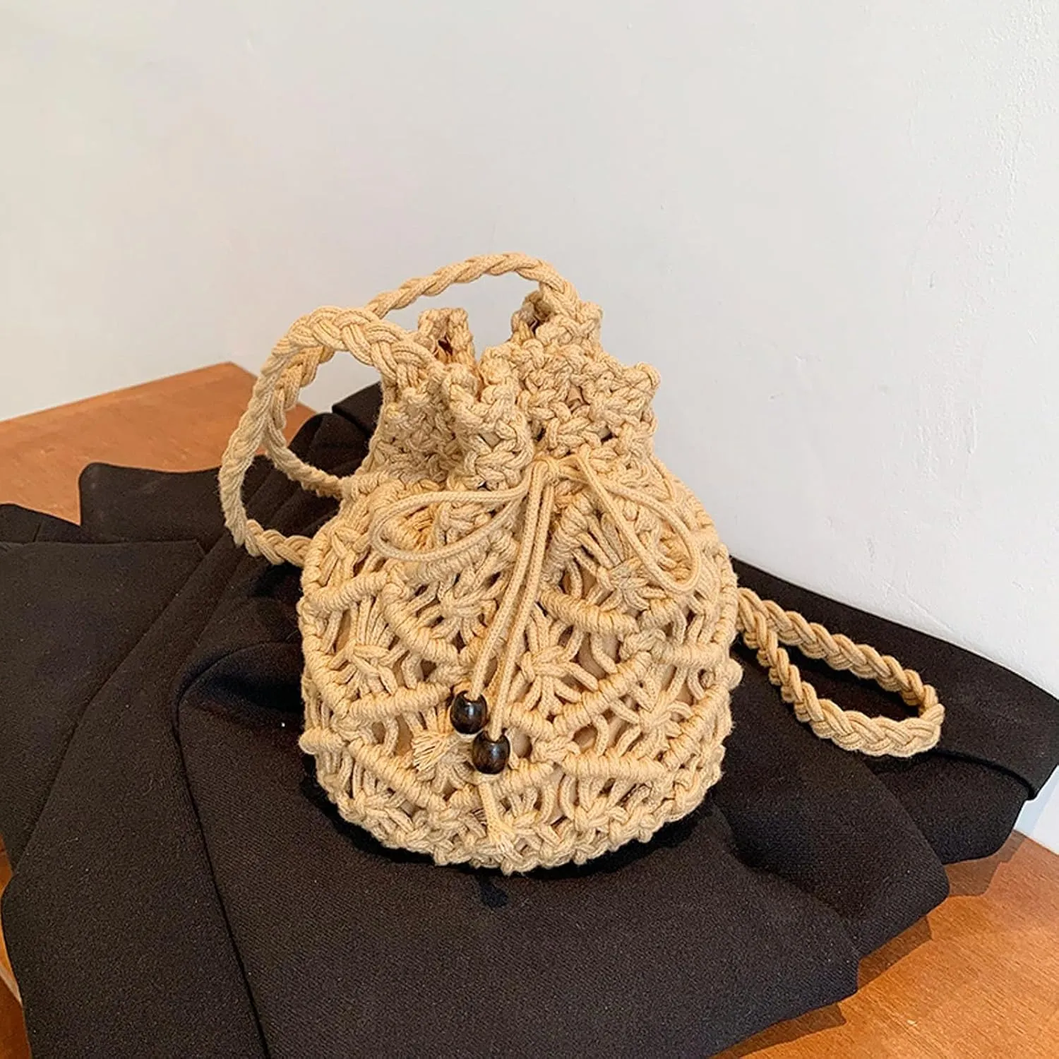Ladies Crossbody Bag Literary Single Shoulder Vintage Cotton Woven Drawstring Fresh Beach Bags Satchel (Khaki, One Size)