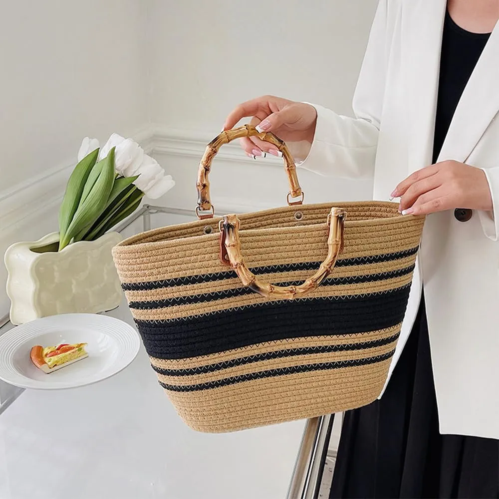 Large Capacity Tote Bag for Women Hand-Woven Straw Bag with Plastic Handle Woven Summer Tote Handbag Travel Beach