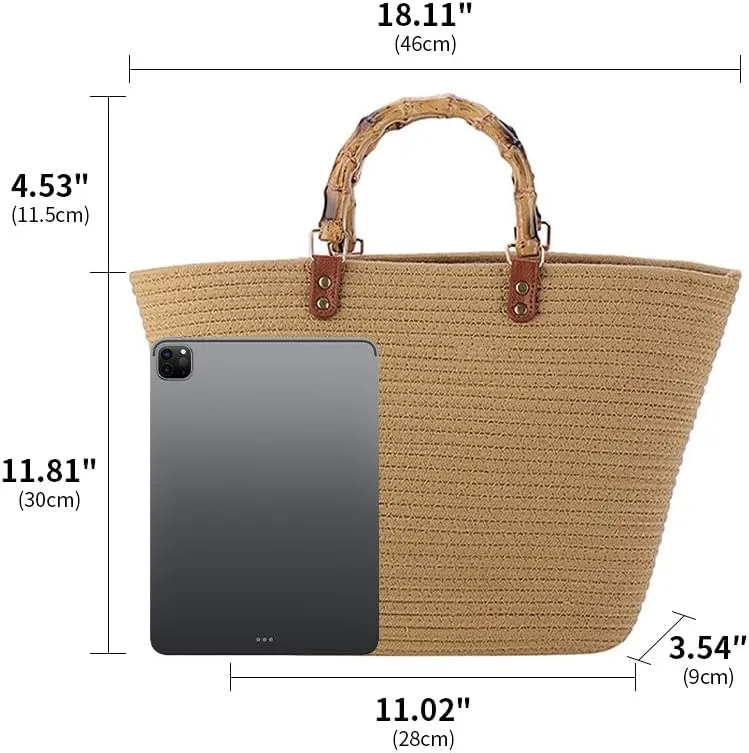 Large Capacity Tote Bag for Women Hand-Woven Straw Bag with Plastic Handle Woven Summer Tote Handbag Travel Beach