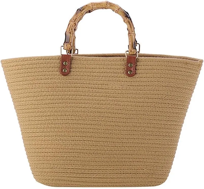 Large Capacity Tote Bag for Women Hand-Woven Straw Bag with Plastic Handle Woven Summer Tote Handbag Travel Beach