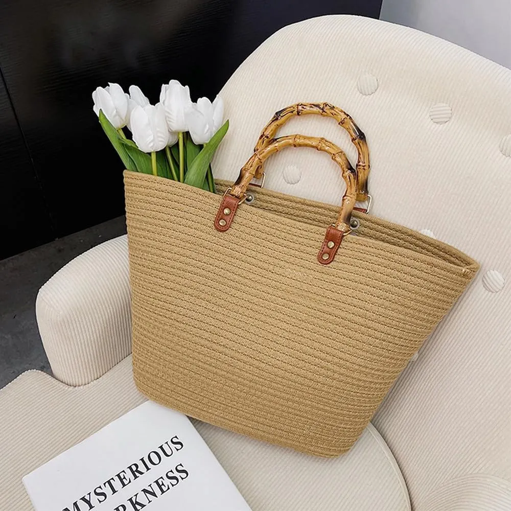 Large Capacity Tote Bag for Women Hand-Woven Straw Bag with Plastic Handle Woven Summer Tote Handbag Travel Beach