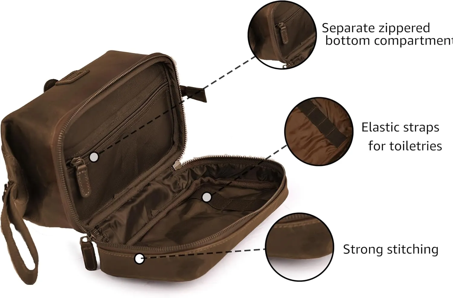 LEATHER VILLAGE Genuine Leather Dopp Kit  Large Travel Toiletry Bag with Waterproof Lining, Dual-Zip Design for Men & Women, Organizer for Shaving, Makeup & Essentials - Brown