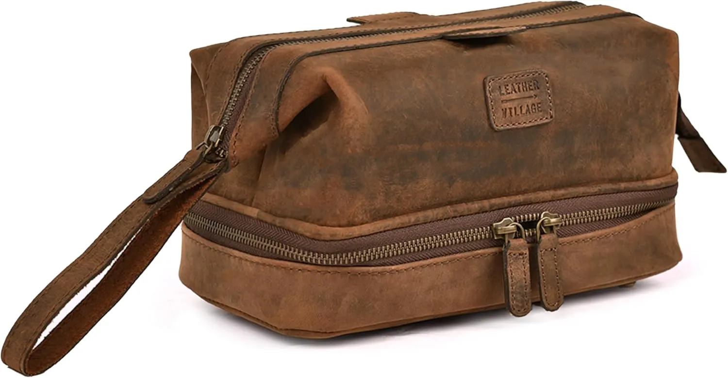 LEATHER VILLAGE Genuine Leather Dopp Kit  Large Travel Toiletry Bag with Waterproof Lining, Dual-Zip Design for Men & Women, Organizer for Shaving, Makeup & Essentials - Brown