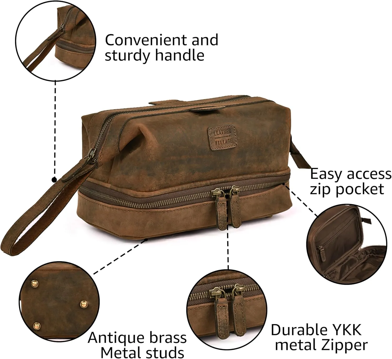 LEATHER VILLAGE Genuine Leather Dopp Kit  Large Travel Toiletry Bag with Waterproof Lining, Dual-Zip Design for Men & Women, Organizer for Shaving, Makeup & Essentials - Brown