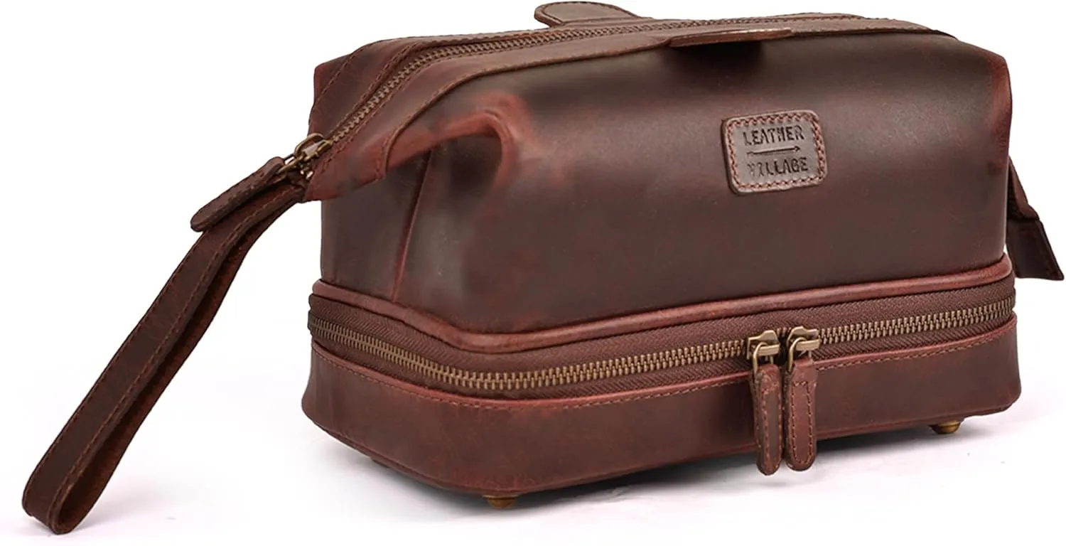 LEATHER VILLAGE Genuine Leather Dopp Kit  Large Travel Toiletry Bag with Waterproof Lining, Dual-Zip Design for Men & Women, Organizer for Shaving, Makeup & Essentials - Cherry