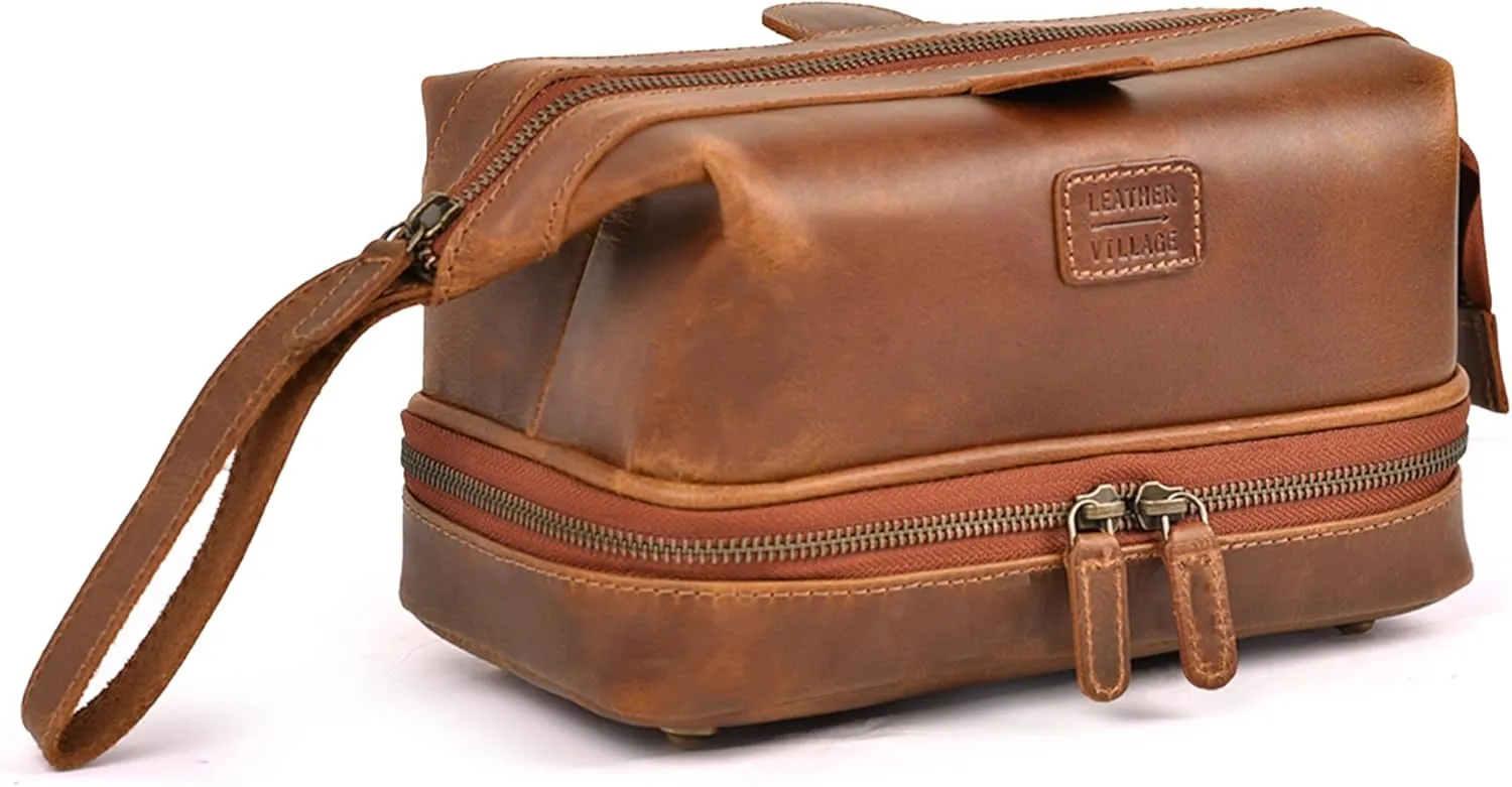 LEATHER VILLAGE Genuine Leather Dopp Kit  Large Travel Toiletry Bag with Waterproof Lining, Dual-Zip Design for Men & Women, Organizer for Shaving, Makeup & Essentials - Tan