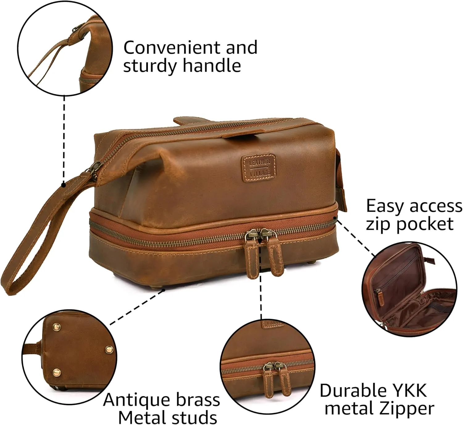 LEATHER VILLAGE Genuine Leather Dopp Kit  Large Travel Toiletry Bag with Waterproof Lining, Dual-Zip Design for Men & Women, Organizer for Shaving, Makeup & Essentials - Tan