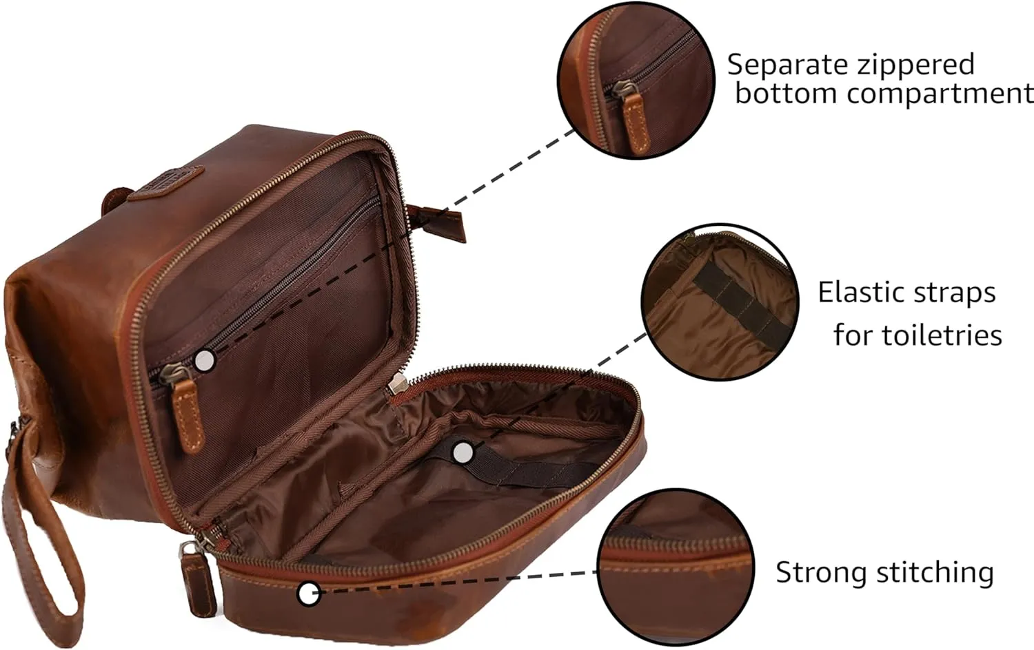LEATHER VILLAGE Genuine Leather Dopp Kit  Large Travel Toiletry Bag with Waterproof Lining, Dual-Zip Design for Men & Women, Organizer for Shaving, Makeup & Essentials - Tan