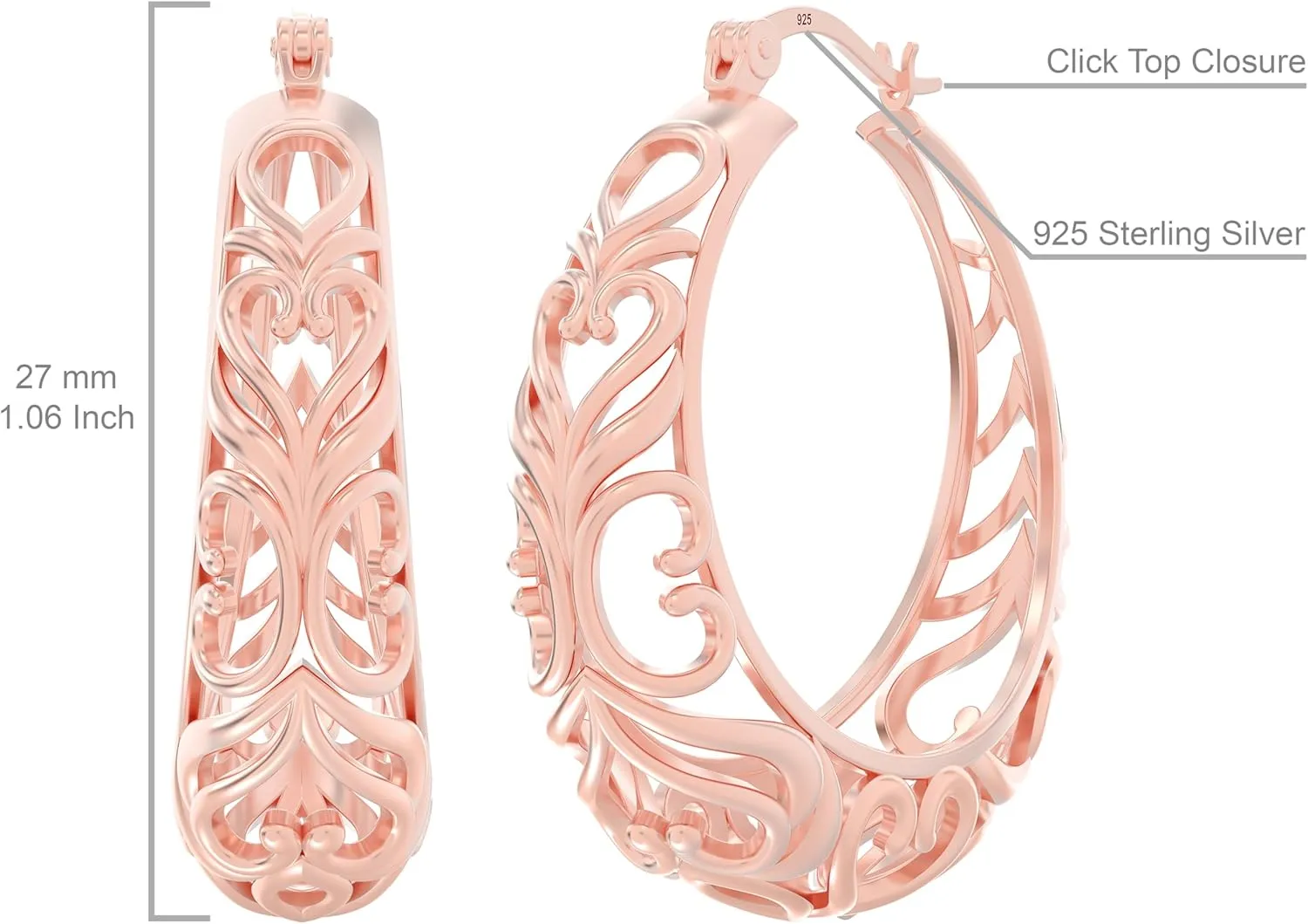 LeCalla 925 Sterling Silver Chunky Hoop Earrings | Filigree Mesh Heart Click Top Hoops for Women