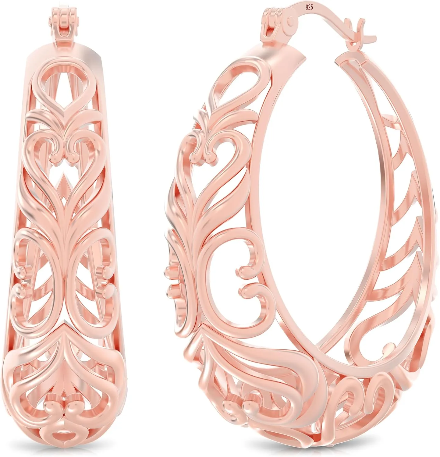 LeCalla 925 Sterling Silver Chunky Hoop Earrings | Filigree Mesh Heart Click Top Hoops for Women