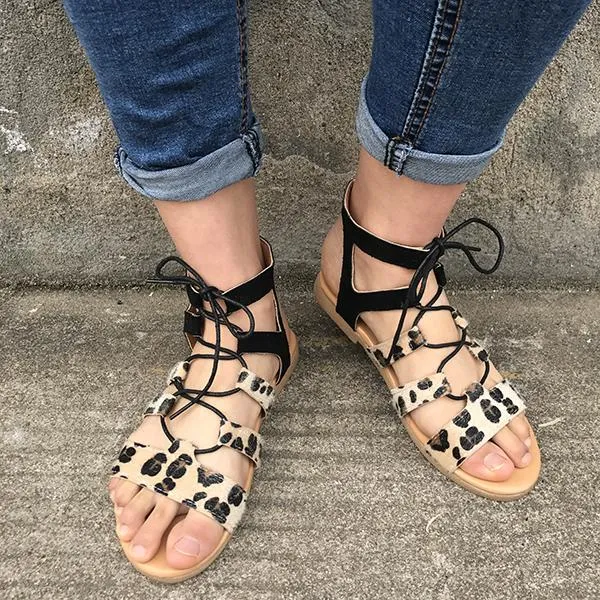 Leopard Printed Lace-Up Sandals