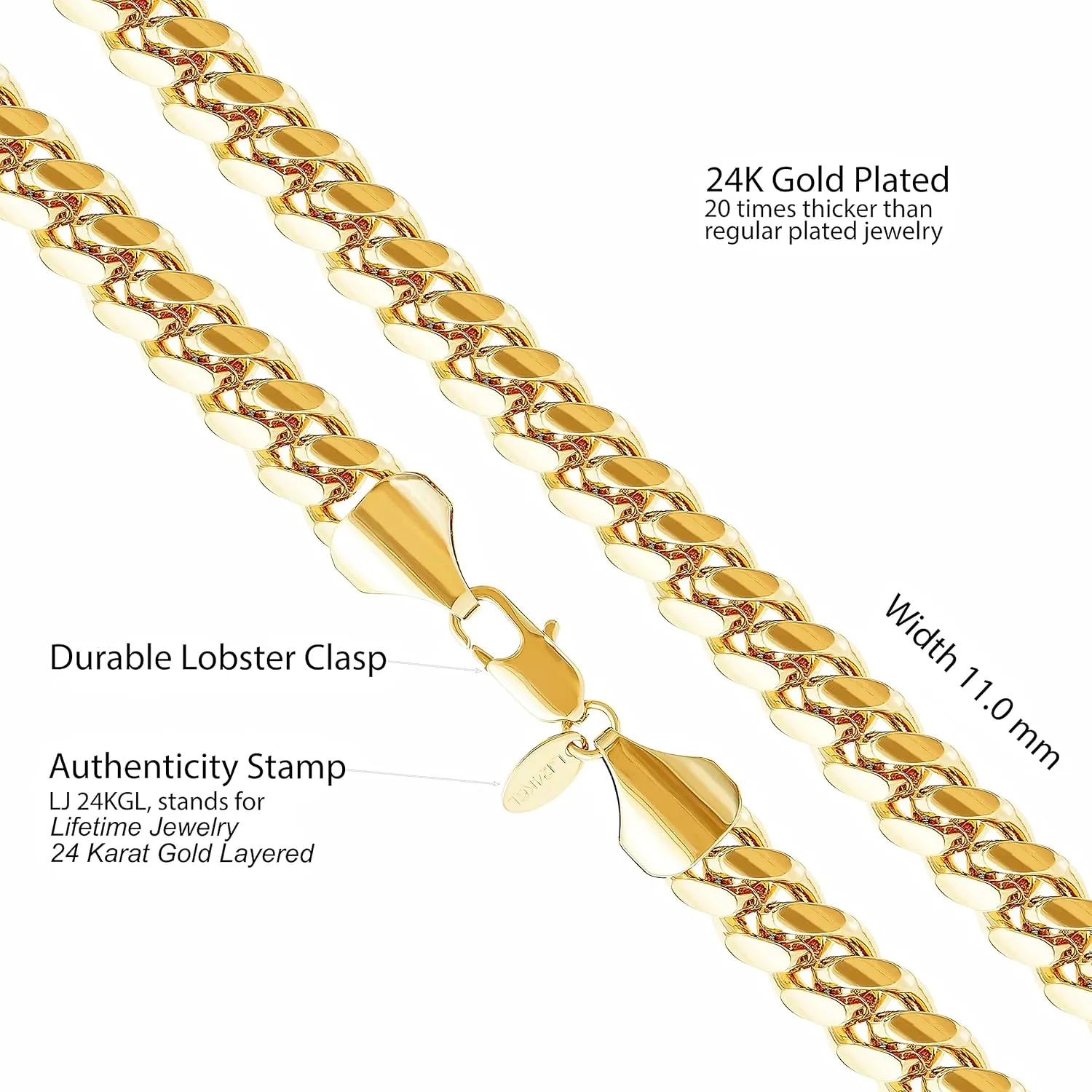 LIFETIME JEWELRY 11mm Cuban Link Miami Curb Chain Necklace for Men Women Diamond Cut 24k Real Gold Plated