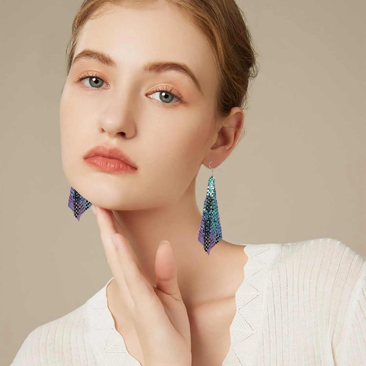 Lightweight Sequin Dangle Earrings Metal Mesh Grid Tassel Drop Colorful Sequin Earrings for Women Disco Party Bar