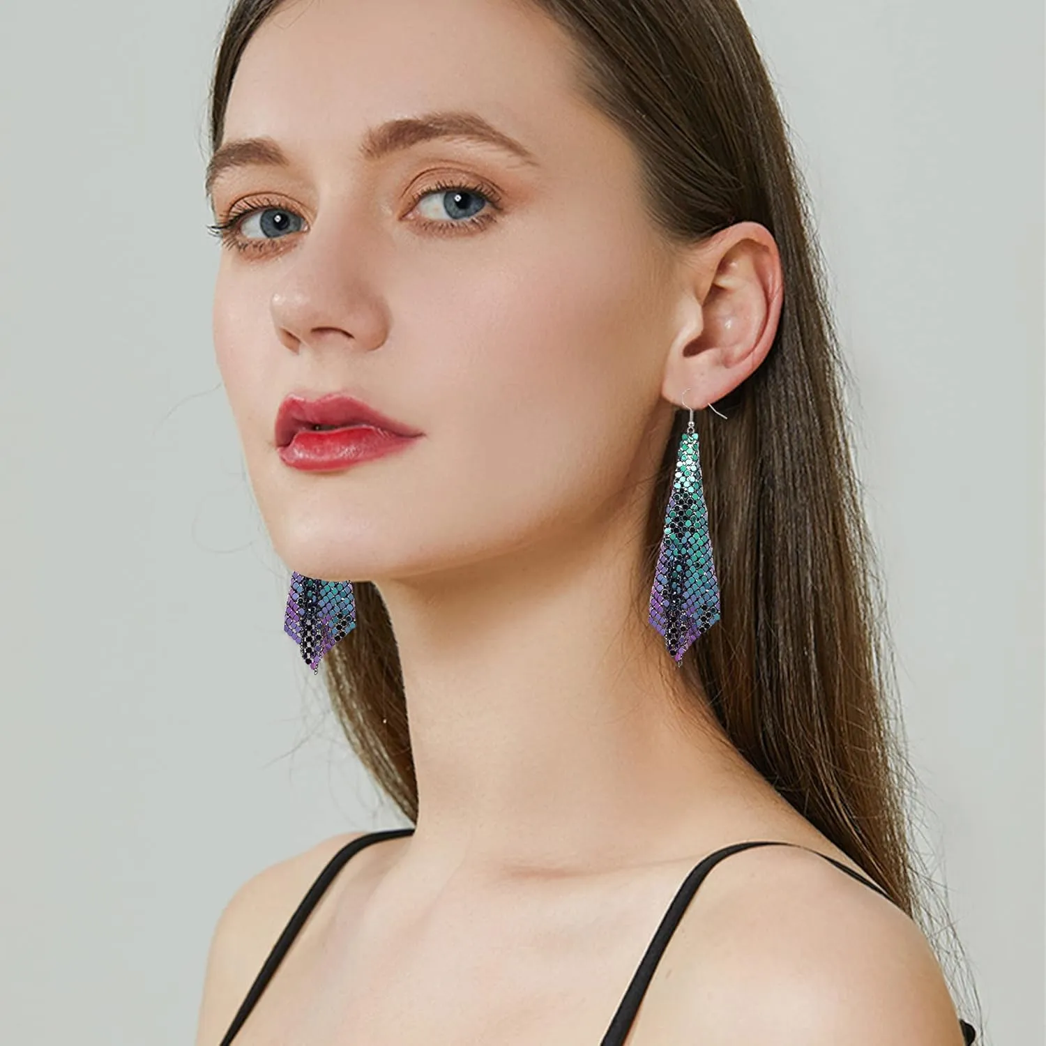 Lightweight Sequin Dangle Earrings Metal Mesh Grid Tassel Drop Colorful Sequin Earrings for Women Disco Party Bar