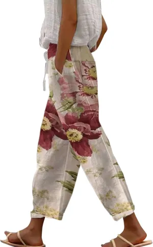 Linen Joggers for Women, Cotton Pants for Women Petite, Cropped High Waisted Dressy Trousers Loose Summer Lounge Long Trousers Pantalon De Lino para Mujer Hot Pink X-Large