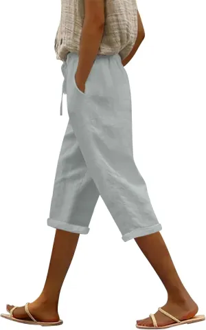 Linen Pants Capri Pants Cotton Wide Leg High Waisted Dressy Trousers Casual Summer Lounge Trousers