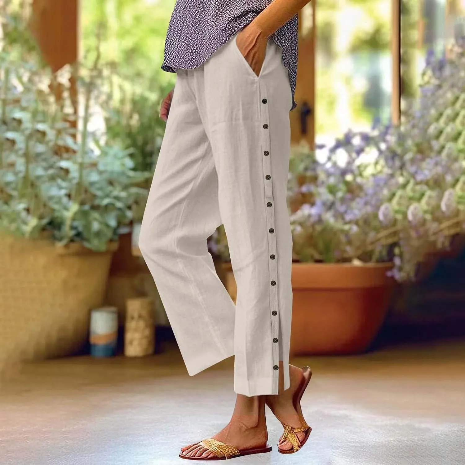 Linen Pants for Women 2025 Spring Summer Lightweight Long Pants Vacation Beach Trousers Side-Buttoned Closure Joggers
