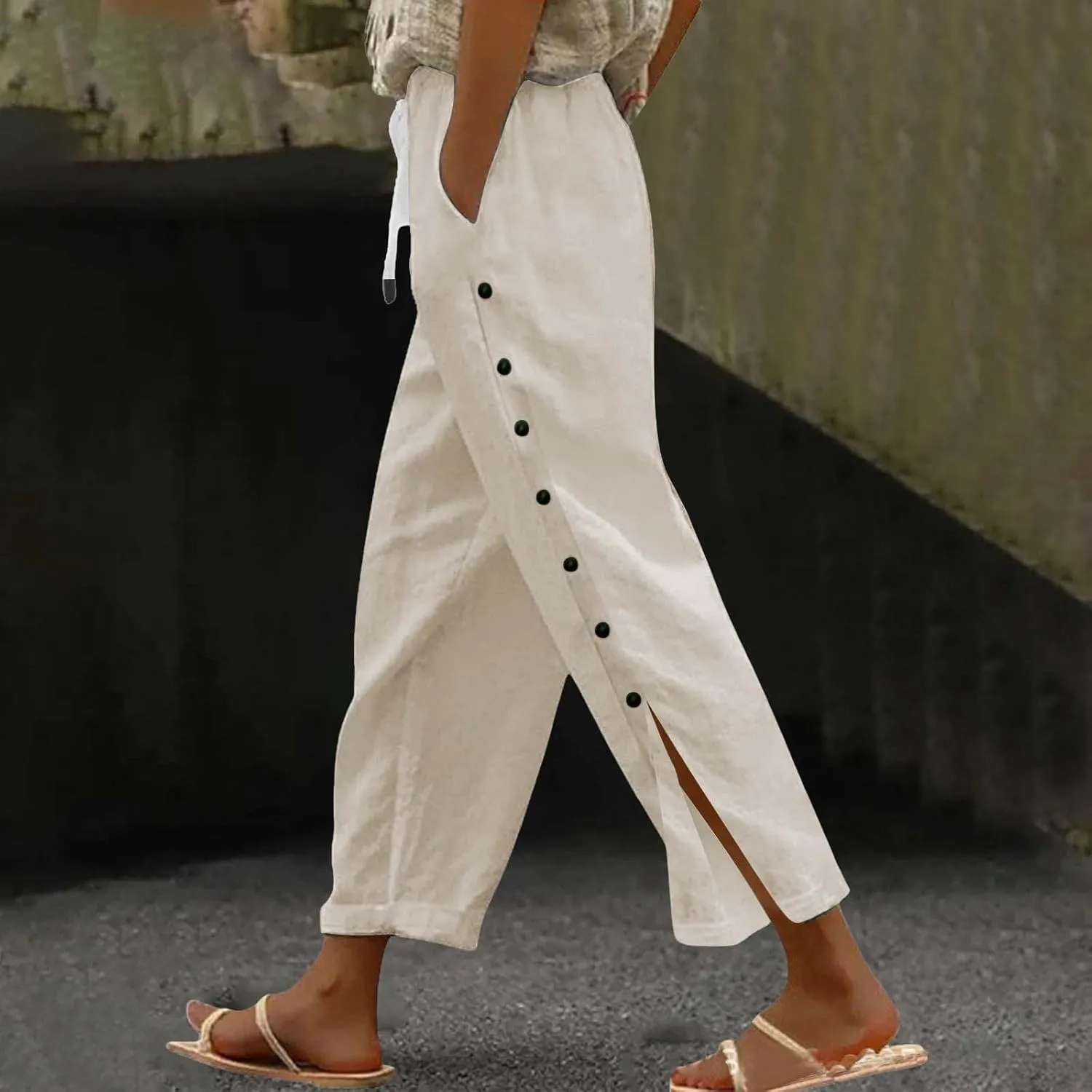 Linen Pants for Women 2025 Spring Summer Lightweight Long Pants Vacation Beach Trousers Side-Buttoned Closure Joggers
