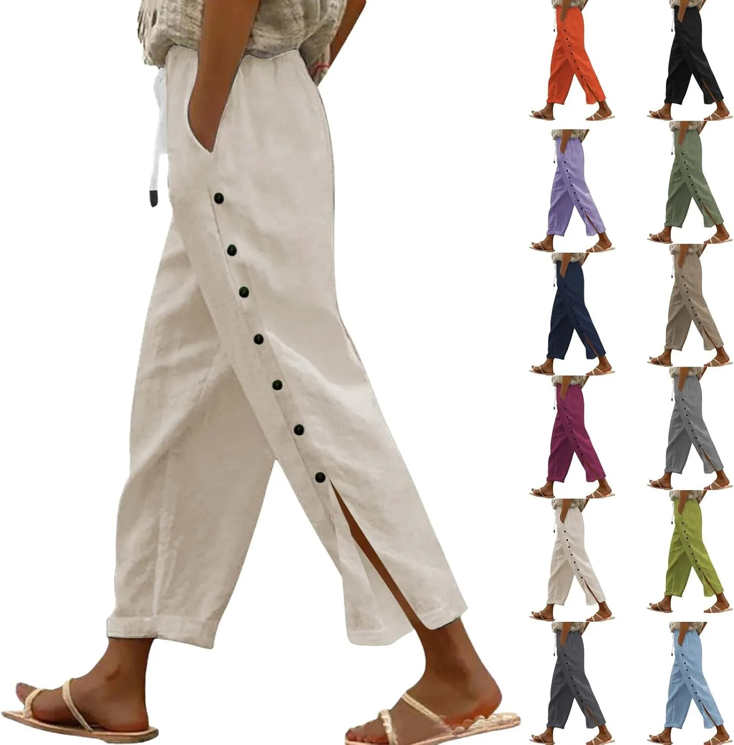 Linen Pants for Women 2025 Spring Summer Lightweight Long Pants Vacation Beach Trousers Side-Buttoned Closure Joggers