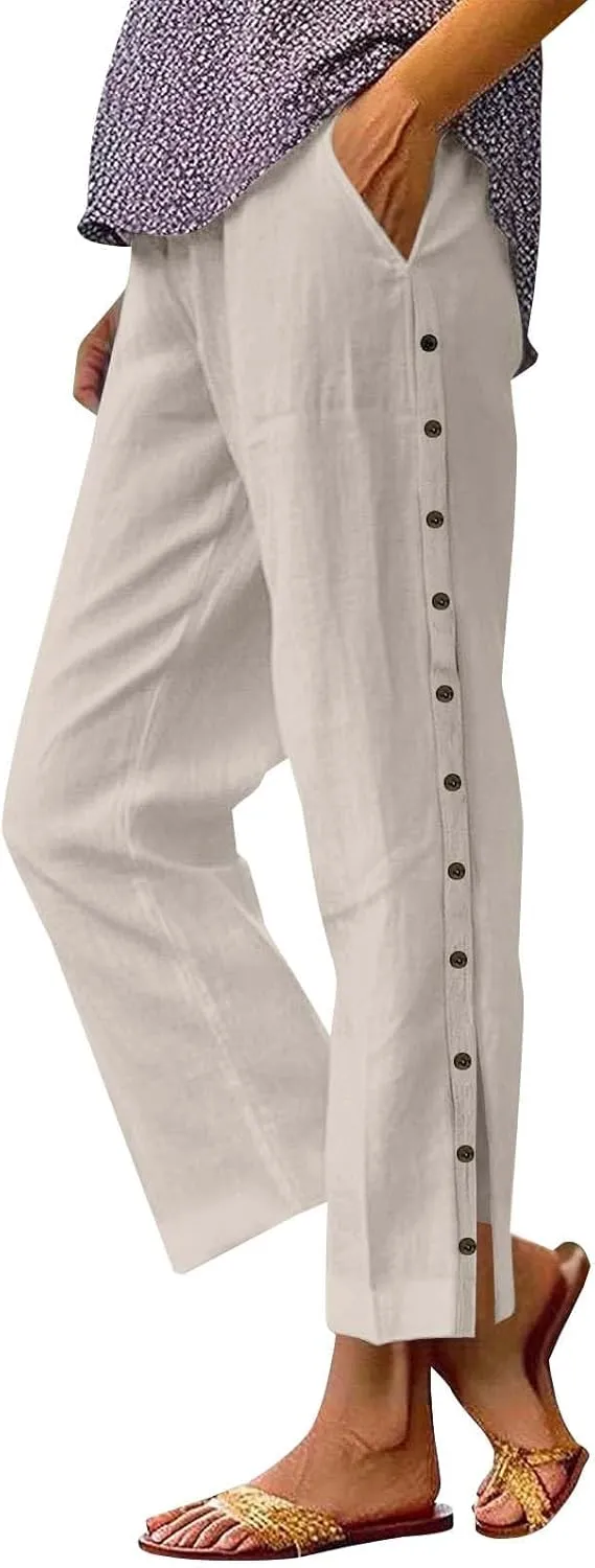 Linen Pants for Women 2025 Spring Summer Lightweight Long Pants Vacation Beach Trousers Side-Buttoned Closure Joggers