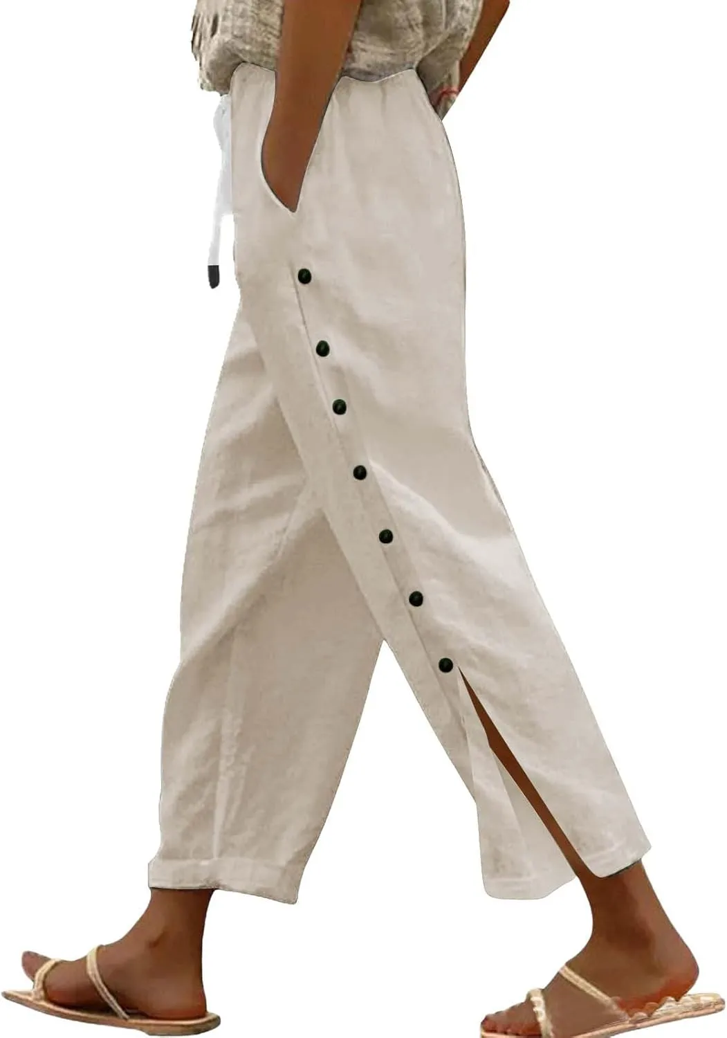 Linen Pants for Women 2025 Spring Summer Lightweight Long Pants Vacation Beach Trousers Side-Buttoned Closure Joggers
