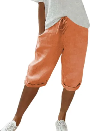 Linen Pants Women Summer, Cotton Capris for Women Casual Summer, Pantalones De Lino, Cropped High Waisted Dressy Trousers Loose Travel Vacation Lounge Long Trousers Orange Medium
