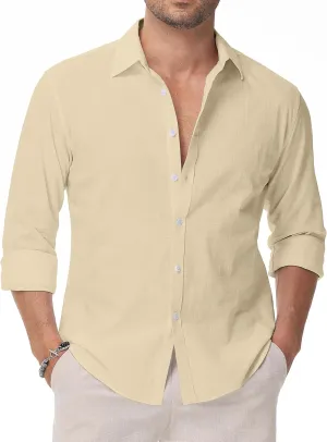 Linen Shirts for Men Casual Button Down Long Sleeve Shirt Solid Summer Beach Hawaiian Shirts