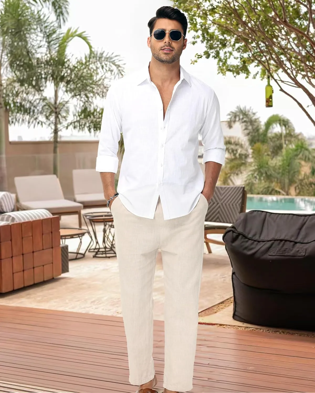 Linen Shirts for Men Casual Button Down Long Sleeve Shirt Solid Summer Beach Hawaiian Shirts