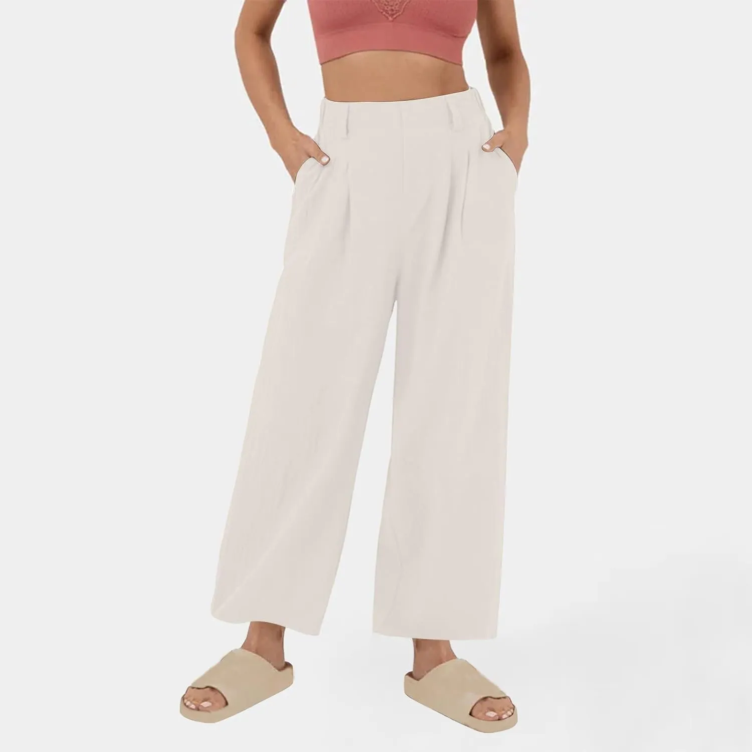 Lmdudan Cotton Linen Work Pants Women Business Casual Dressy Trousers Slacks Elastic High Waist Straight Leg Pant with Pocket