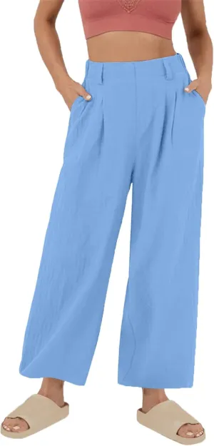 Lmdudan Cotton Linen Work Pants Women Business Casual Dressy Trousers Slacks Elastic High Waist Straight Leg Pant with Pocket