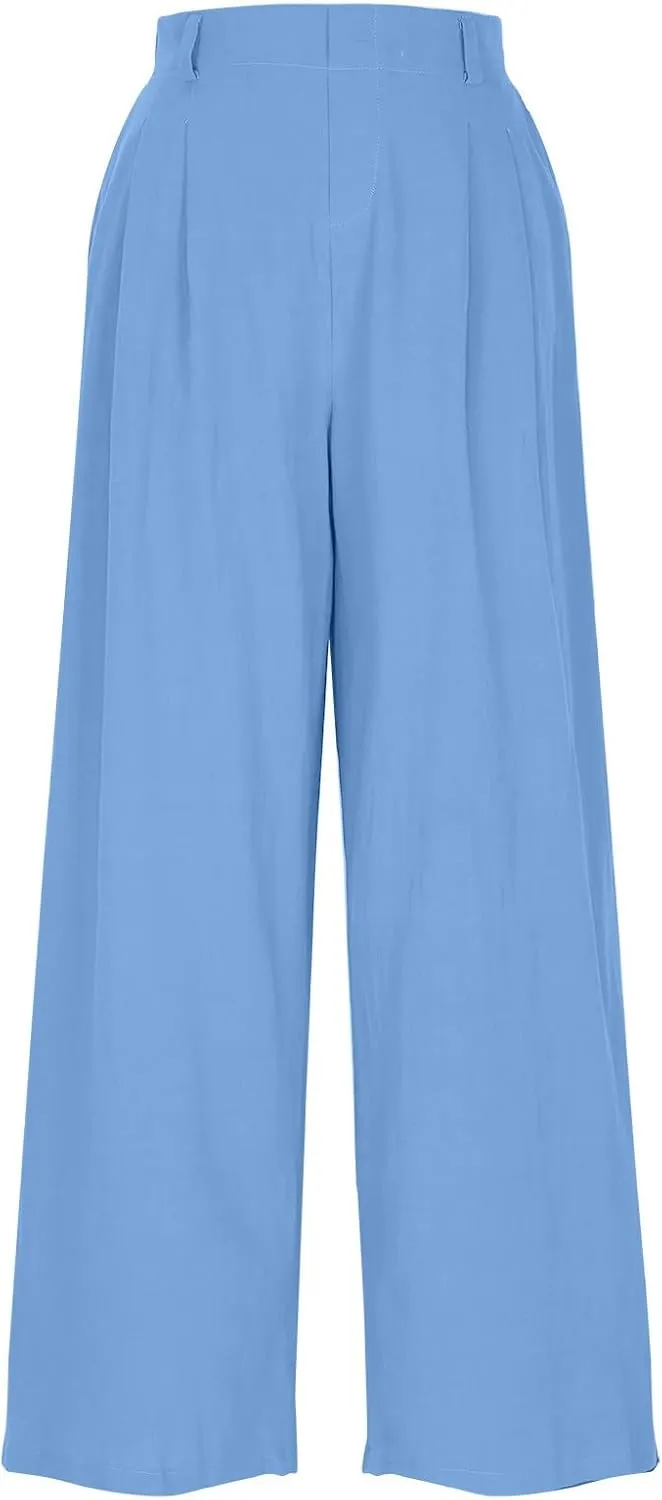 Lmdudan Cotton Linen Work Pants Women Business Casual Dressy Trousers Slacks Elastic High Waist Straight Leg Pant with Pocket