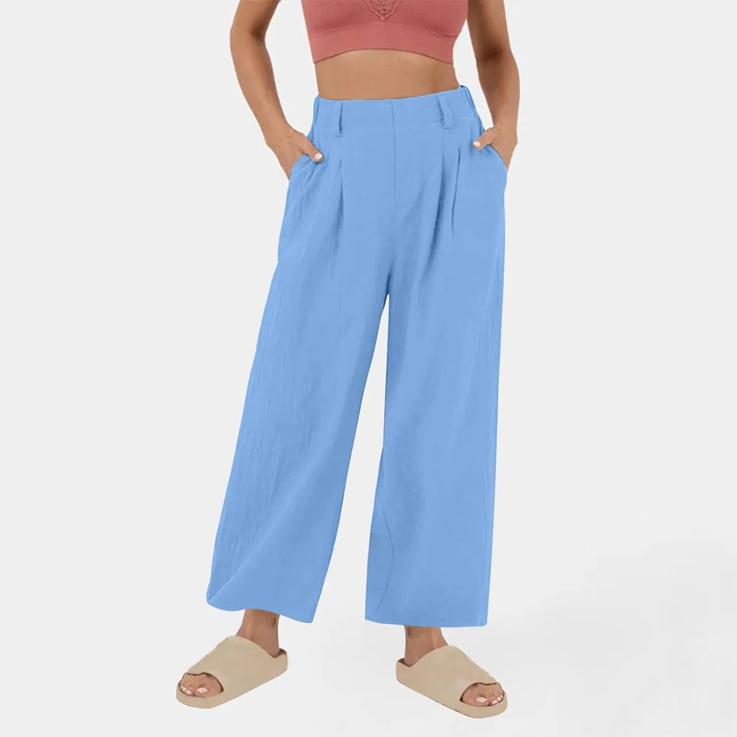 Lmdudan Cotton Linen Work Pants Women Business Casual Dressy Trousers Slacks Elastic High Waist Straight Leg Pant with Pocket