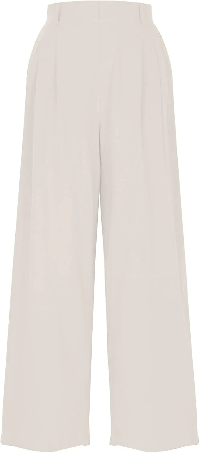 Lmdudan Cotton Linen Work Pants Women Business Casual Dressy Trousers Slacks Elastic High Waist Straight Leg Pant with Pocket