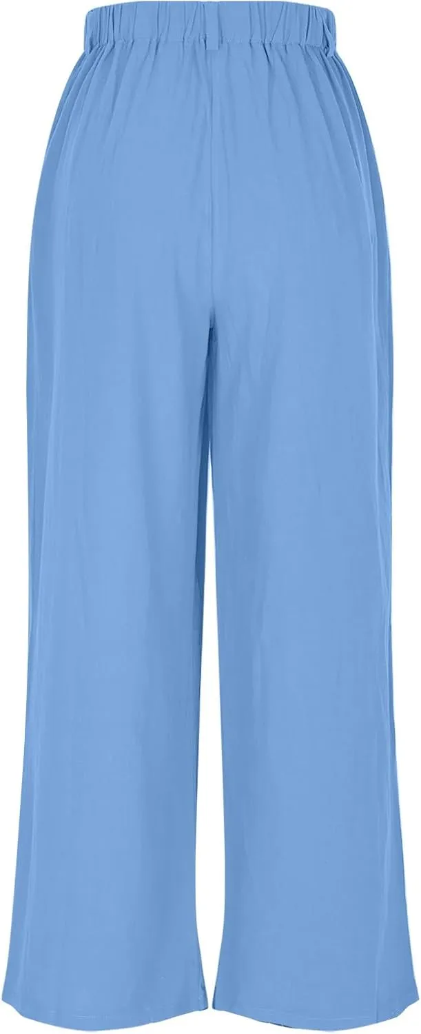 Lmdudan Cotton Linen Work Pants Women Business Casual Dressy Trousers Slacks Elastic High Waist Straight Leg Pant with Pocket