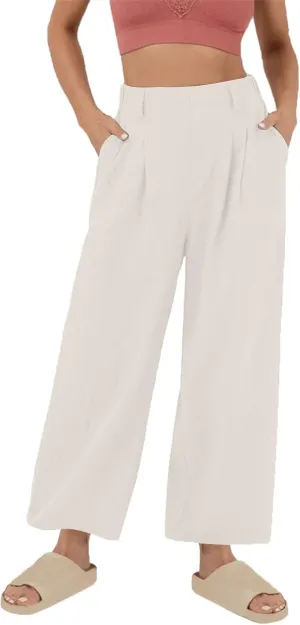 Lmdudan Cotton Linen Work Pants Women Business Casual Dressy Trousers Slacks Elastic High Waist Straight Leg Pant with Pocket