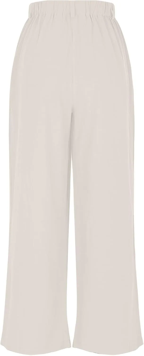 Lmdudan Cotton Linen Work Pants Women Business Casual Dressy Trousers Slacks Elastic High Waist Straight Leg Pant with Pocket